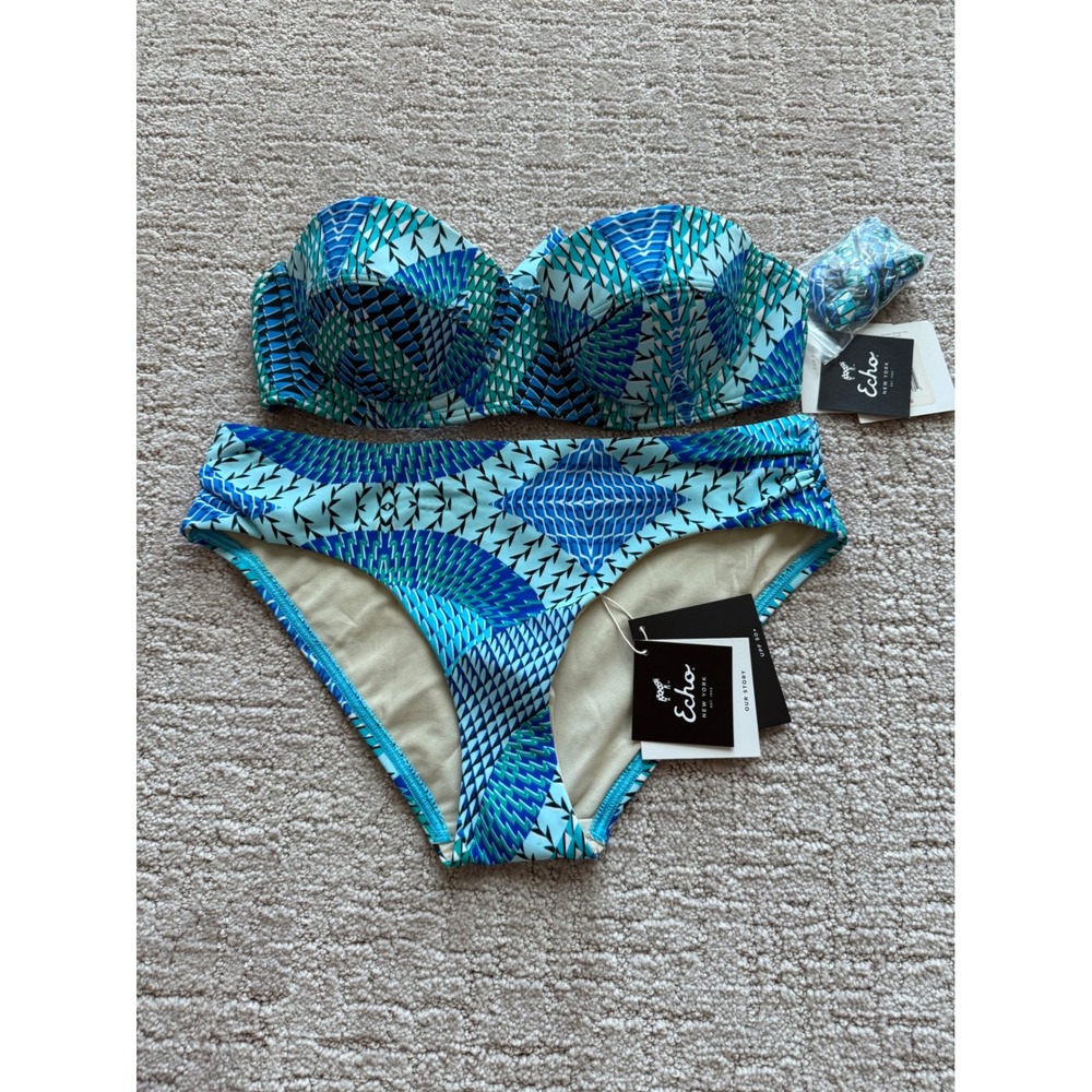 Echo Bikini Set Women Medium Blue NWT Geometric Underwire Balconette Swimsuit